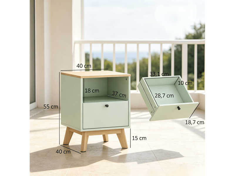  Lot de 2 tables de chevet en mdf – vert clair et effet chêne – 40 x 40 x 55 cm  - Conforama D