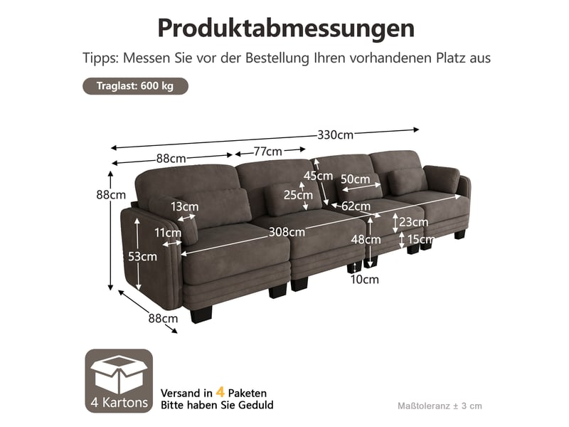 Canapé droit modulaire 4 places 330x88x88 cm, coussins lombaires et accoudoir, design ergonomique chenille marron - Conforama C