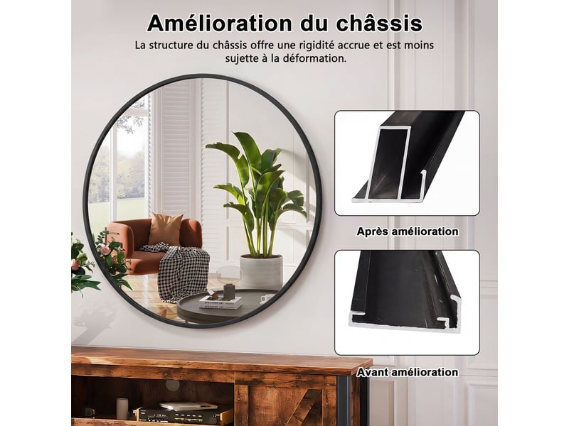  Miroir rond mural 75 cm, miroir de adapté à salle de bain chambre et salon, cadre aluminium renforcé incassable, verre trempé, noir  - Conforama D