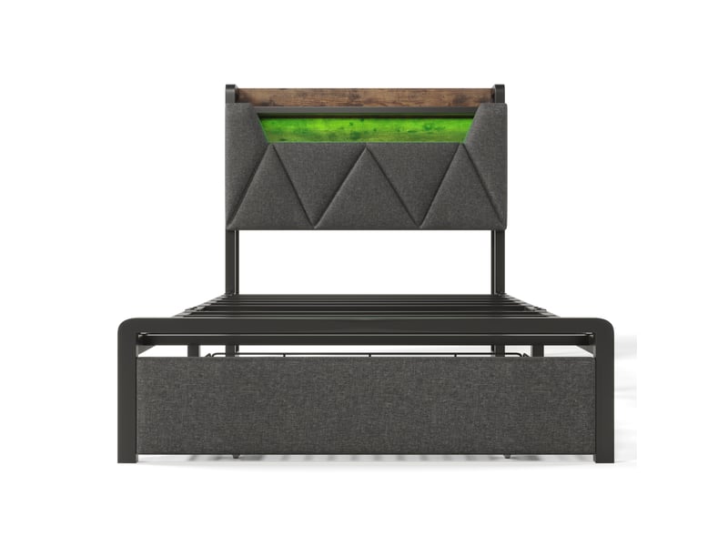  Lit simple rembourré 90x200 cm avec led, usb-c, rangement tête de lit et tiroirs, gris  - Conforama A