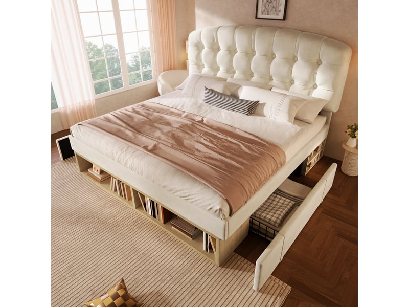 Lit double rembourré 140 x 190 cm avec tiroirs, rangements et tête de lit réglable, velours beige, sommier à lattes Fay Lum - Conforama D