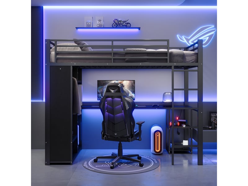  Lit mezzanine simple 90×200 cm avec bureau, led réglable, usb et type-c - okmyhome- étagères, sans matelas, noir  - Conforama C