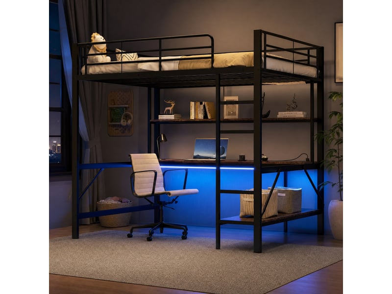  Lit mezzanine enfant 140 x 200 cm noir avec bureau, étagères, led, prise et usb  - Conforama D