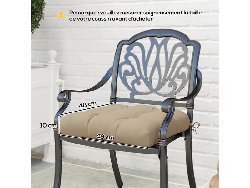  Lot de 4 coussins de chaise de jardin, coussins extérieurs capitonné, rembourrage 10 cm avec attaches, 48 x 48 cm kaki  - Conforama E
