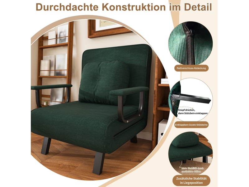 Fauteuil relax inclinable à 5 positions avec dossier 180° et supports dépliables en chenille vert foncé - Conforama C