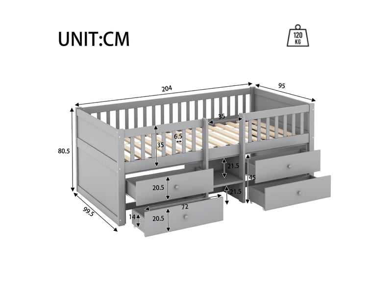  Lit mezzanine, 90 × 200 cm, gris, bois de pin, 4 tiroirs, rangement intégré, sans matelas, garde-corps, échelle  - Conforama E