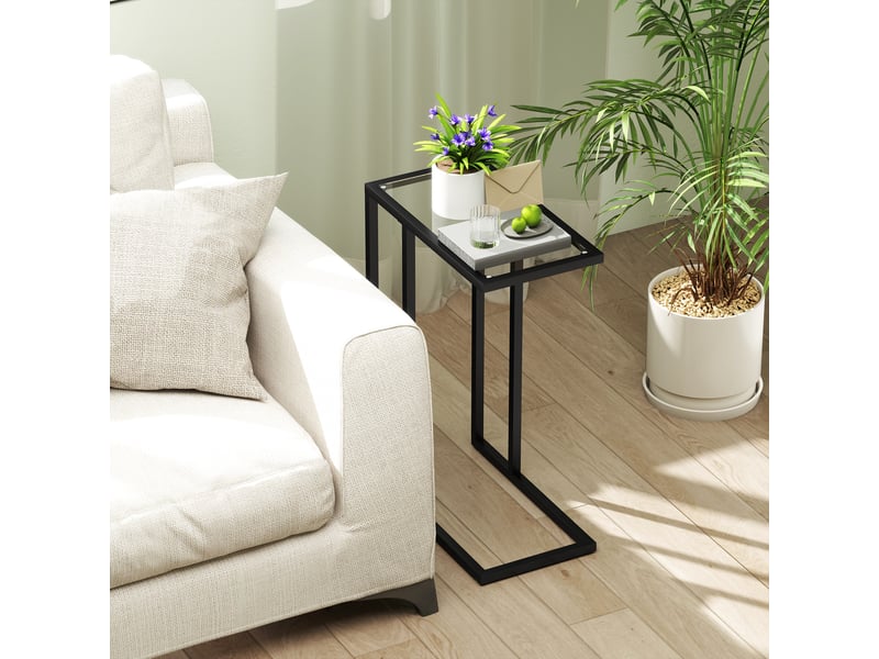  Table d'appoint | bout de canapé forme de c avec plateau en verre trempé cadre en acier noir  - Conforama C