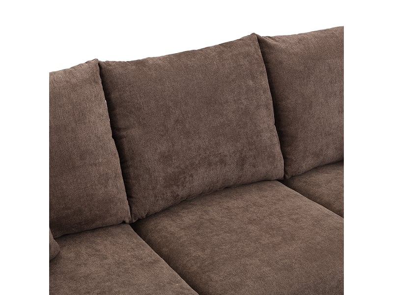  Canapé d'angle panoramique convertible 3 places 188 cm en chenille marron antique, 2 poufs coffres et tiroirs Fay Lum - Conforama E
