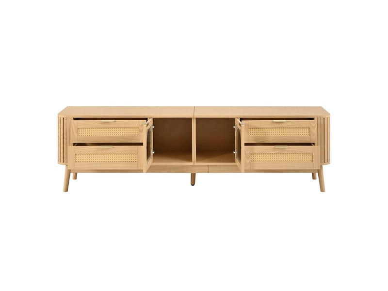  Meuble tv bas 180x40x50 cm, 4 tiroirs, portes vitrées, led, effet cannage Fay Lum - Conforama E