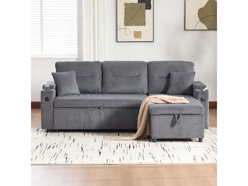  Canapé convertible moderne 3 places avec rangement hydraulique et port usb-c, velours côtelé, 212,5 x 136 x 86 cm - gris anthracite  - Conforama E
