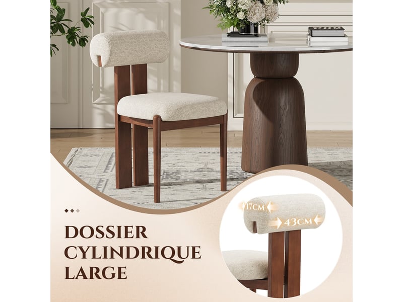  Smartue lot de 2 chaises de salle à manger modernes en tissu beige avec dossier cylindrique et pieds en bois noyer  - Conforama E