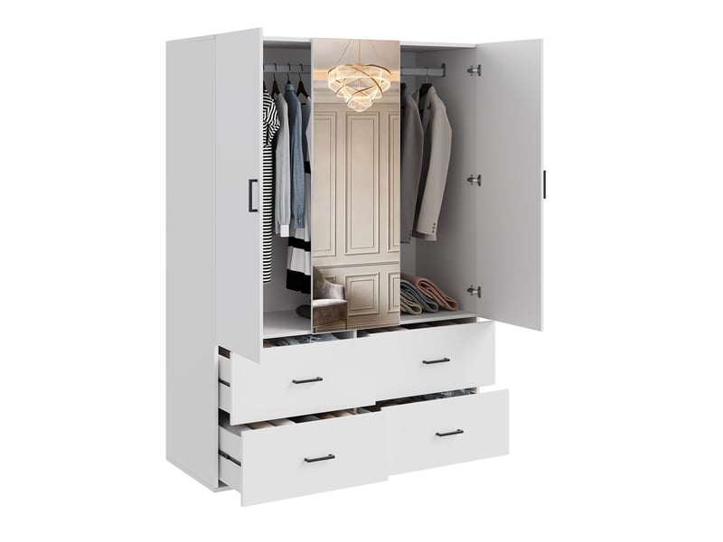  Armoire de penderie 2 portes avec miroir central et 4 tiroirs - 130 x 51,8 x 181,5 cm - blanc - meuble de rangement  - Conforama D