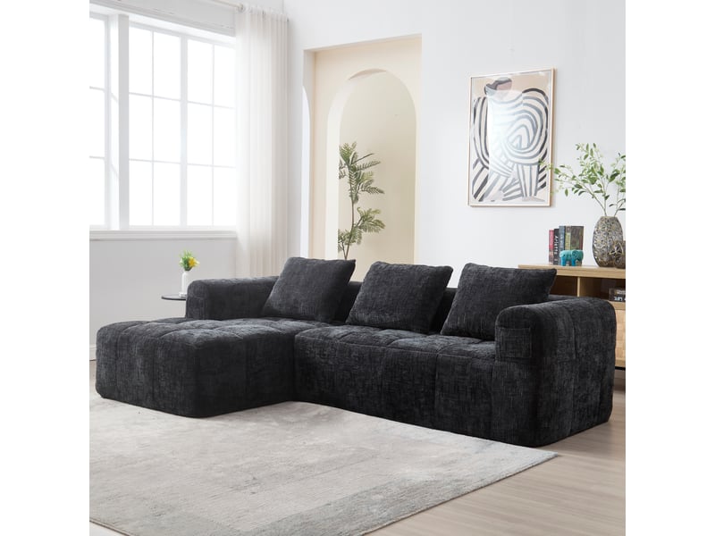 Canapé d'angle gauche fixe 3 places tissu noir Canapé d'angle noir - Conforama E