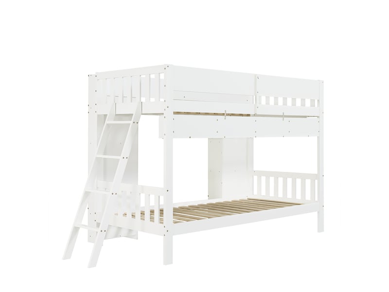  Lit superposé blanc 90x200 cm, lit superposé enfant avec rangements, 2 placards frontaux, étagère suspendue, échelle réversible et protection antichute.  - Conforama E