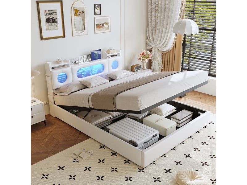  Lit coffre 140x200 cm - pu blanc - sommier à lattes - lit double - tête de lit avec led et ports usbtype-c  - Conforama C