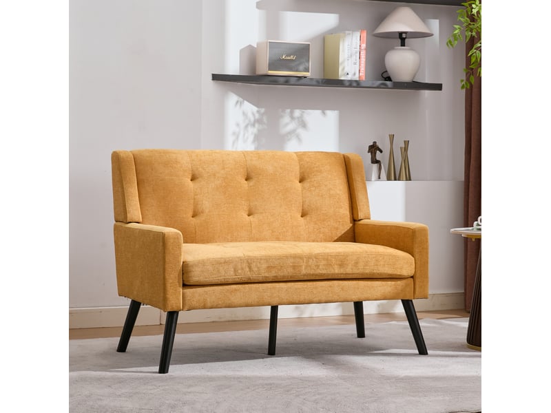  Canapé droit 2 places 119x75x88 cm, coussin haute densité, pieds en bois, pour salon, chambre et bureau, tissu jaune  - Conforama B