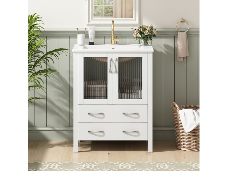  Meuble sous vasque avec 2 tiroirs et 2 portes en verre nervuré, vasque céramique, pour salle de bain, blanc, 61 × 47 × 86 cm  - Conforama B
