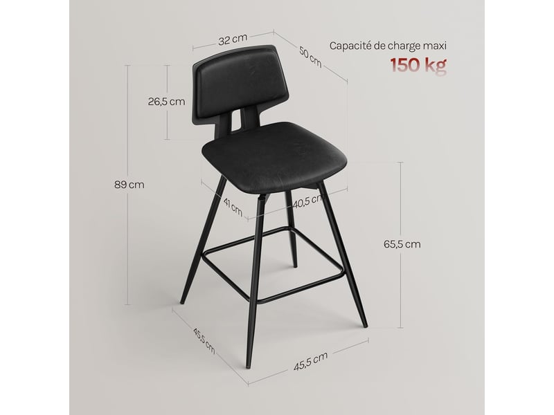  Lot de 2 tabourets bar pivotantes à 360°, structure métallique, en similicuir brillant, noir  - Conforama C