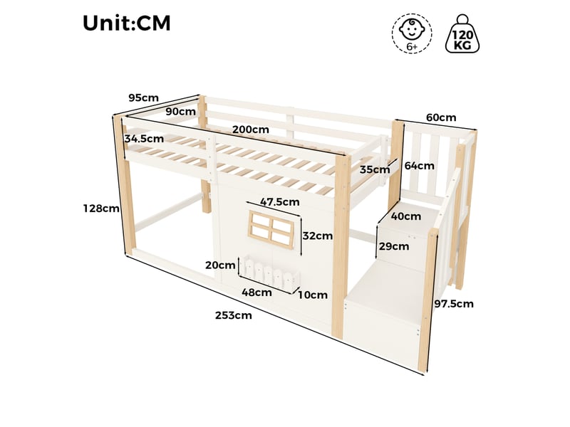 Lit mezzanine 90 × 200 cm 1 place, escalier avec 2 rangements et éclairage led réglable, sans matelas, blanc naturel  - Conforama D