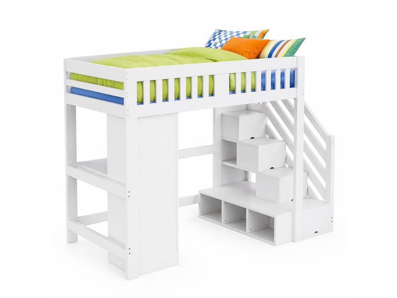  Lit mezzanine 2 places 200×140 cm avec rangements, bureau, led et prise - okmyhome- blanc, sans matelas  - Conforama A