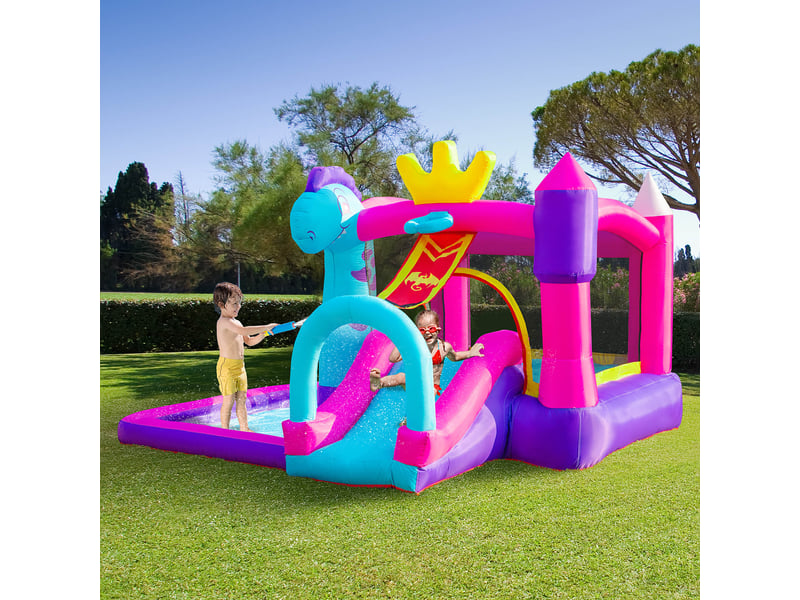 Château gonflable toboggan trampoline piscine panier, jusqu'à 3 enfants +3 ans, souffleur 350w + sac, 300×270×200 cm, multicolore  - Conforama C