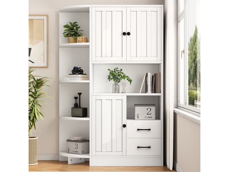  Meuble de rangement - vitrine avec 3 armoires et 2 tiroirs, bibliothèque 14 cases, design fonctionnel, blanc, 104x35x155 cm  - Conforama C