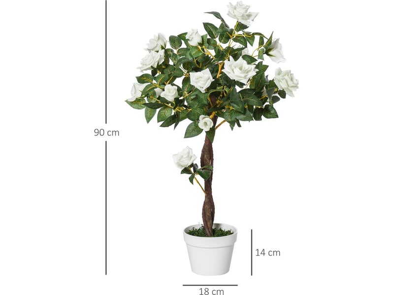  Plante artificielle de rose avec 21 fleurs, pot en béton et mousse, décor résistant aux uv, ø18x90 cm, blanc et vert  - Conforama B