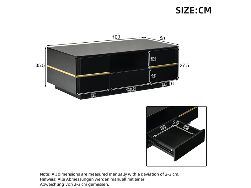  Table basse 100 × 50 × 35.5 cm en mdf avec éclairage led, 2 portes, tiroir et rangement ouvert noir avec détails dorés chicfurn  - Conforama D