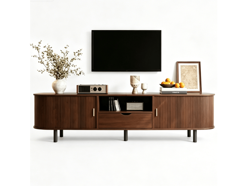  Meuble tv 175x40x55 cm - meuble bas arrondi avec porte à rideau, tiroir et niches ouvertes, charge 50 kg, mdf - noyer  - Conforama A