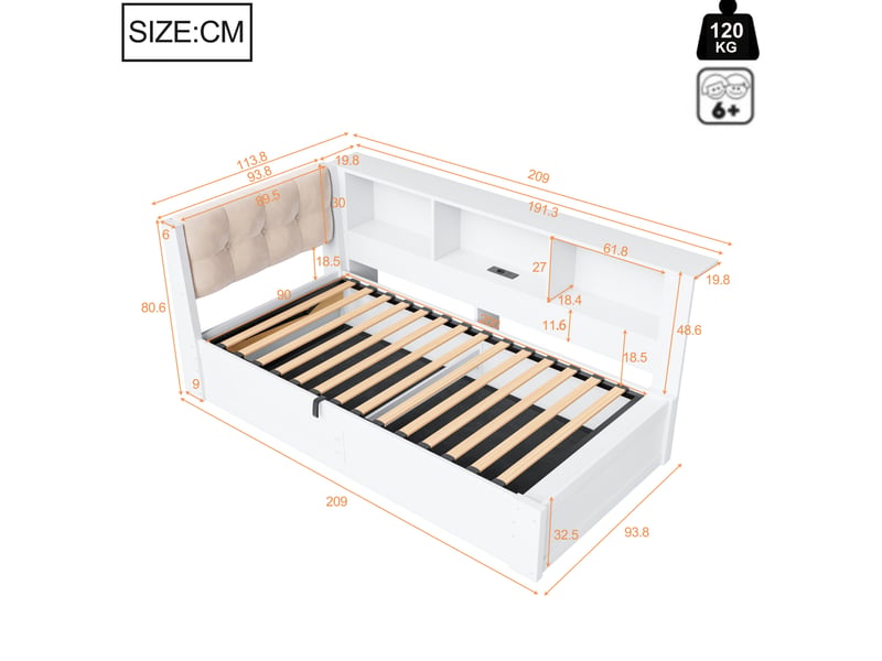  Daybed 90x200 cm - lit à tiroir avec rangement hydraulique, étagère et lampe led, sans matelas, blanc  - Conforama E