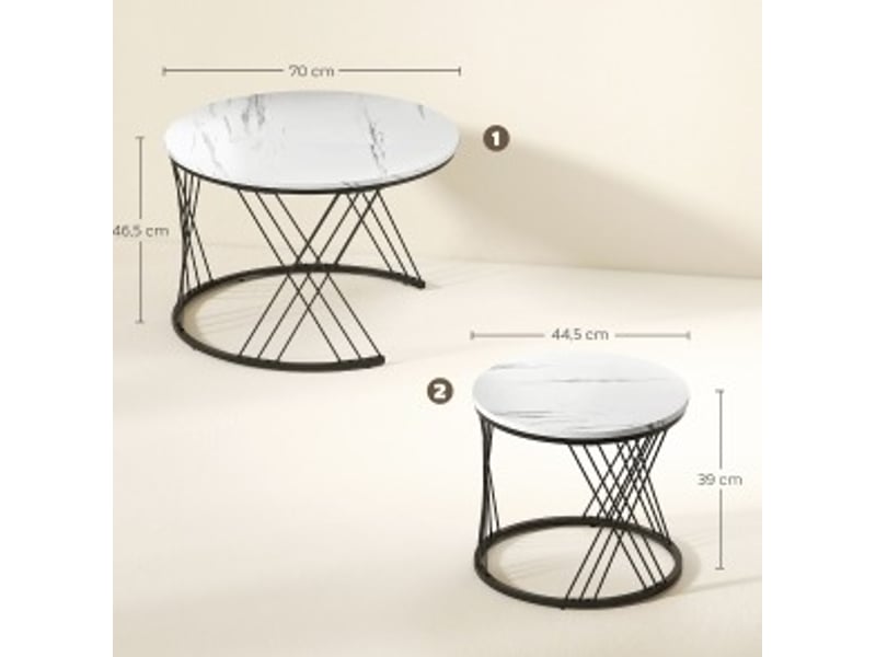  Lot de 2 tables basses rondes gigognes effet marbre, métal, blanc 70 cm  - Conforama C