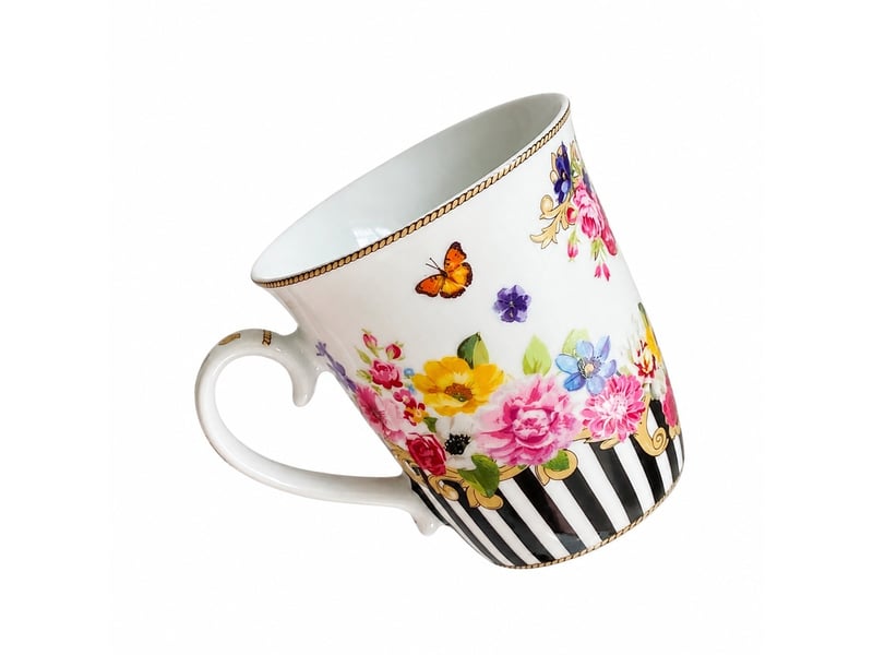  Mug en céramique, fleurs et rayures noires, grand format, 300 ml  - Conforama A