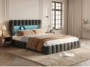 Lit coffre 160x200 cm - lit 2 places gris avec led et port usb - sommier relevable - rangement