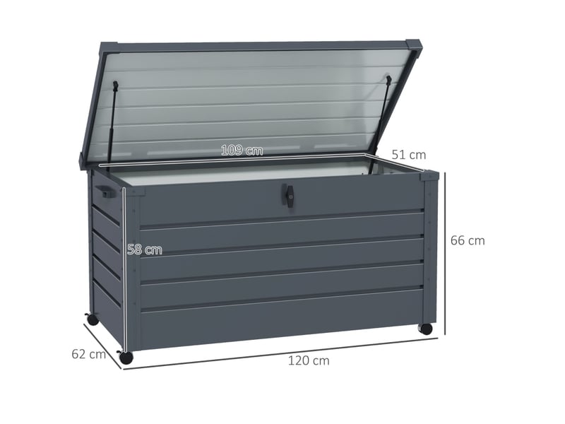  Coffre de rangement extérieur 120 x 62 x 66 cm – gris foncé – 311 l, roulettes et couvercle verrouillable  - Conforama C