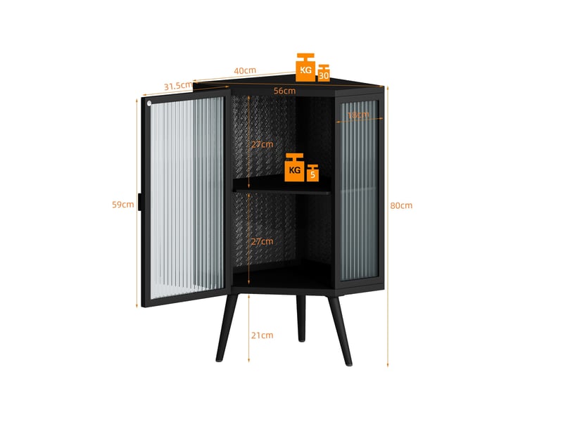  Meuble bas d'angle 56 x 42,5 x 80 cm – noir – 2 portes en verre trempé et rangement à 2 niveaux  - Conforama C