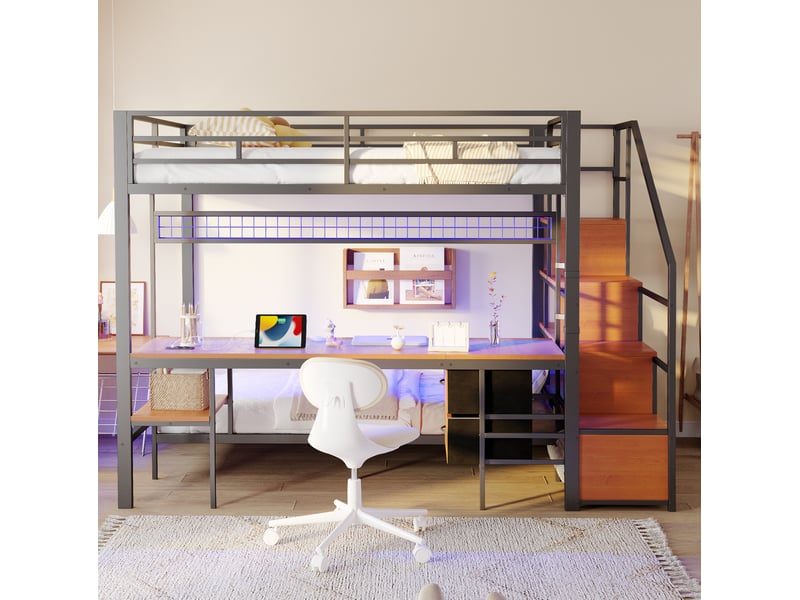 Lit mezzanine enfant 140x200 cm – noir – couchage 90x200, bureau led, prises et rangements intégrés - sans matelas - Conforama B