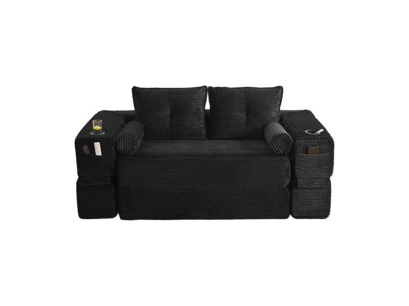  Canapé droit convertible 2 places en velours côtelé noir 180 x 98 x 80 cm, avec poches, porte-gobelet et coussins, salon 180x98x80cm - Conforama A