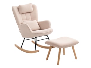 Fauteuil à bascule avec repose-pieds, revêtement en polaire douce, pieds en bois, coussin, dossier haut, beige