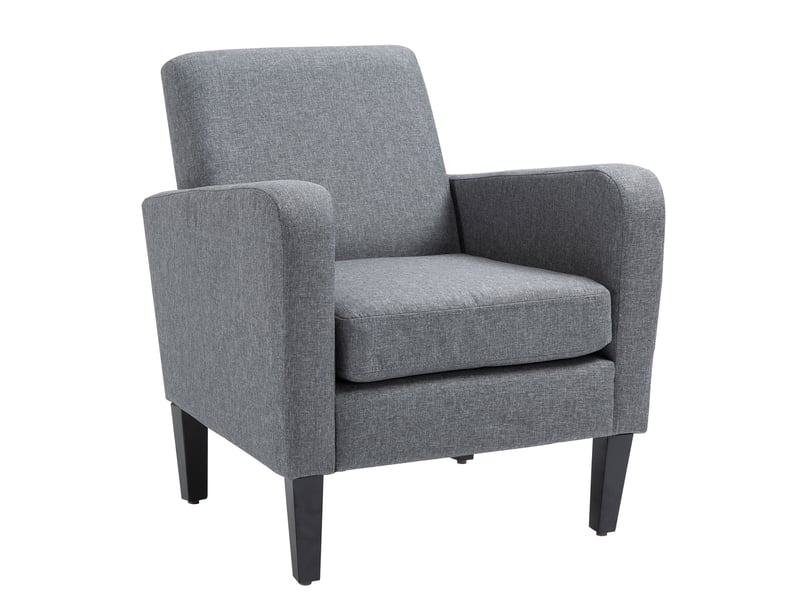  Fauteuil rembourré avec dossier ergonomique et accoudoirs, pieds en bois, tissu polyester gris clair 66 × 72 × 74 cm  - Conforama A