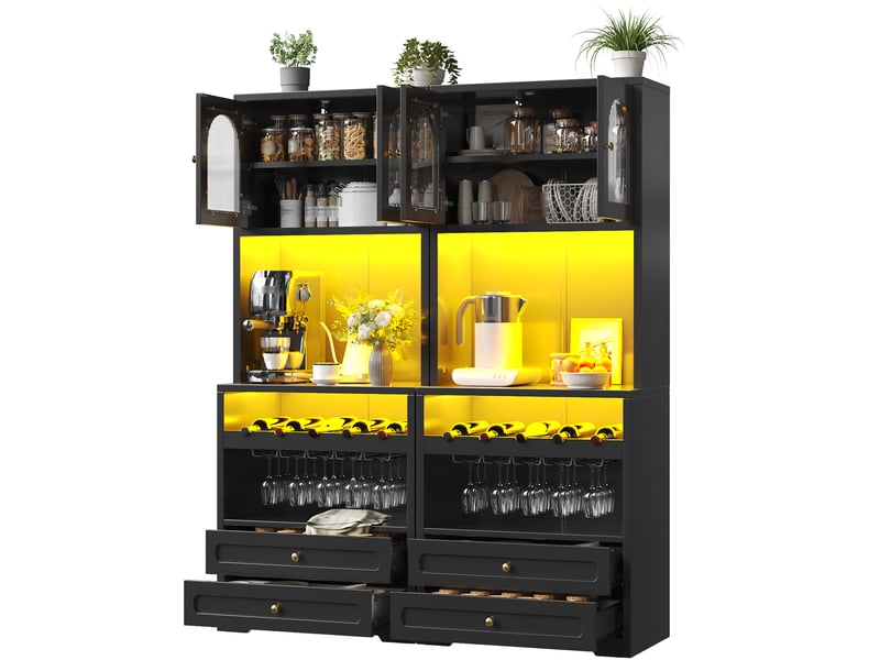  Buffet haut avec portes vitrées cintrées, led, casier à vin et prise usb pour le salon, noir, 140 × 40 × 180 cm  - Conforama A