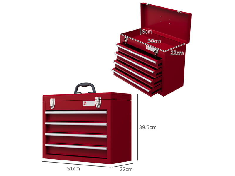  Boîte à outils 51 x 22 x 39,5 cm rouge en acier, 4 tiroirs à glissières et compartiment supérieur  - Conforama C