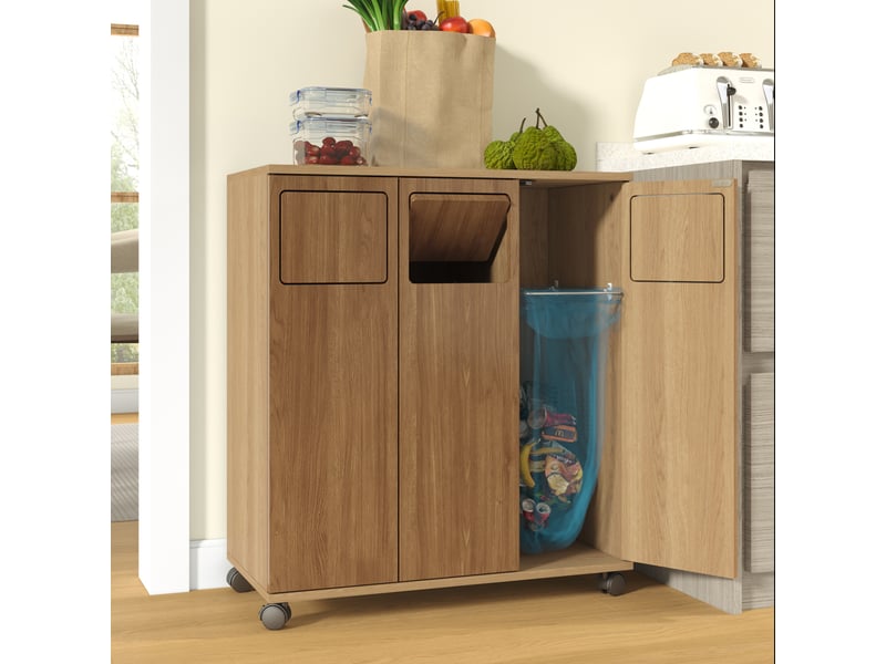  Meuble de tri des déchets,69,3x35x80 cm,3 portes avec roulettes,mdf,effet chêne  - Conforama E