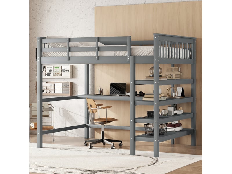  Lit mezzanine 140x200 cm, bibliothèque de rangement, bureau sous le lit, 200 kg, bois + mdf, gris  - Conforama B