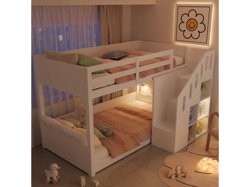  Lit superposé enfant 90x200 cm avec escalier de rangement, blanc  - Conforama C