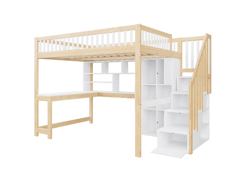  Lit mezzanine 140x200 cm blanc et naturel led - bureau, étagères et rangements, gain d'espace  - Conforama A
