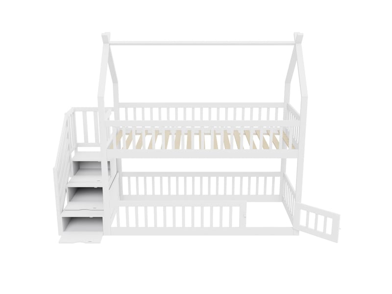  Lit superposé enfant 90x200, sécurité escalier lit cabane, bois massif, rangement intégré  - Conforama E