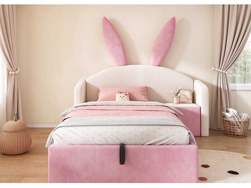  Lit enfant, 90x190 cm,avec tête oreilles de lapin,coffre et table de nuit,velours,beige et rose  - Conforama B