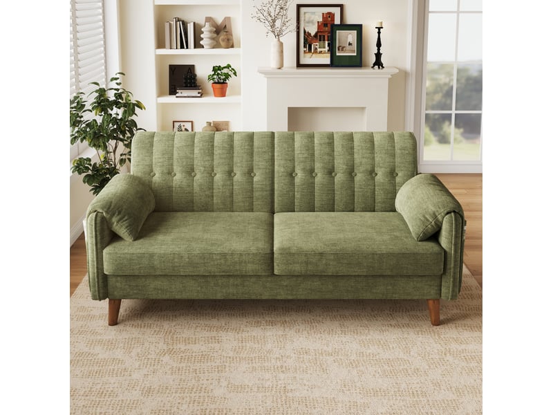  Canapé 2 places modenvie en chenille vert avec poches latérales et coussins 161,5 x 79 x 83,5 cm  - Conforama D