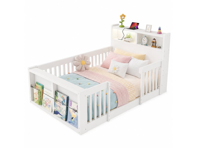 Lit enfant 90 × 190 cm avec barrières hautes, port usb, veilleuse et rangement au pied, blanc 208 × 95 × 75 cm - Conforama A