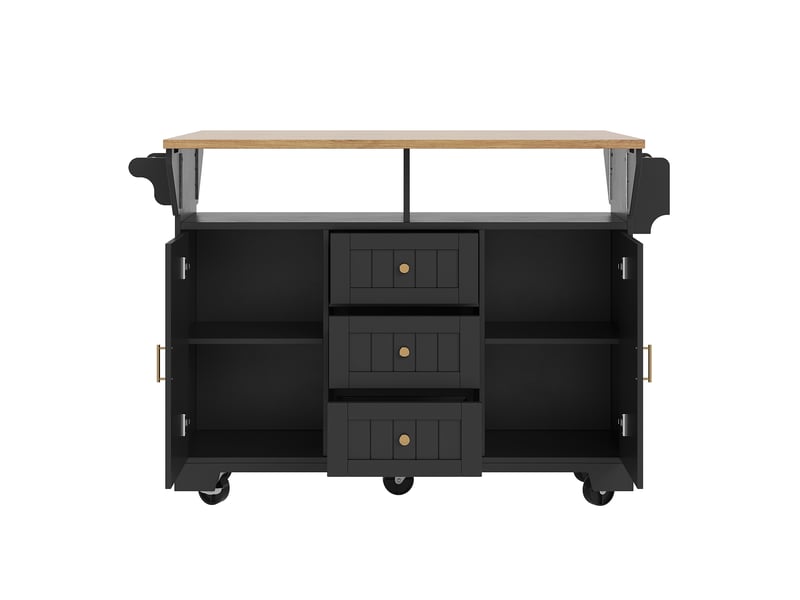  Îlot de cuisine 142,5x40(80)x95 cm avec 3 tiroirs et roulettes, bois et noir  - Conforama R